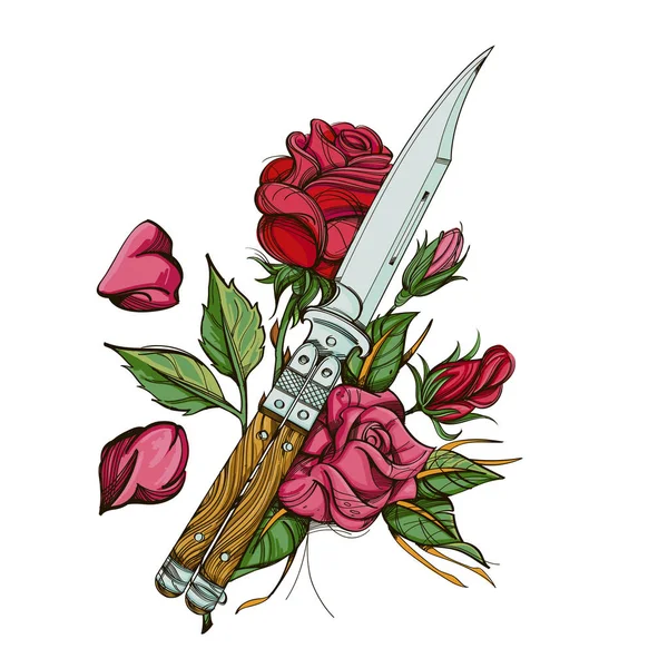 Vlinder mes (Balisong) en rozen. Vector illustratie geïsoleerd op witte achtergrond voor tatoeages, afdrukken op T-shirts en andere items. — Stockvector