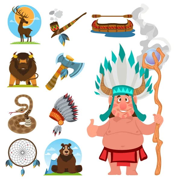 Conjunto de ilustrações coloridas sobre o tema dos índios norte-americanos . — Vetor de Stock