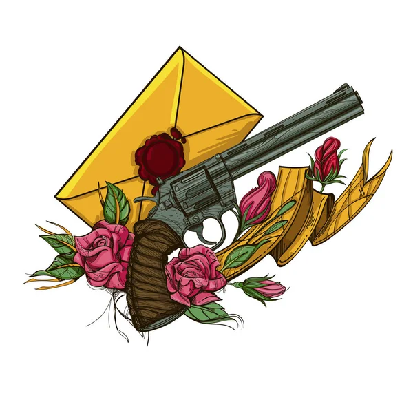 Revólver, sobre y rosas. Ilustración vectorial para tatuajes, impresión en camisetas y otros artículos . — Vector de stock