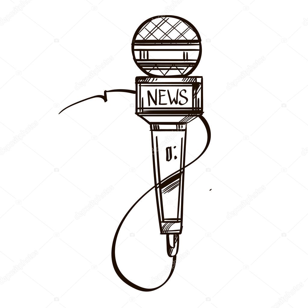 Microphone for broadcasting news with a cord, made in black and white. Vector drawing on white background.