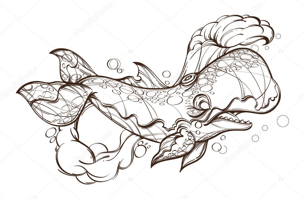 Stylized whale. Outline vector illustration isolated on white background for tattoos, coloring and much more.
