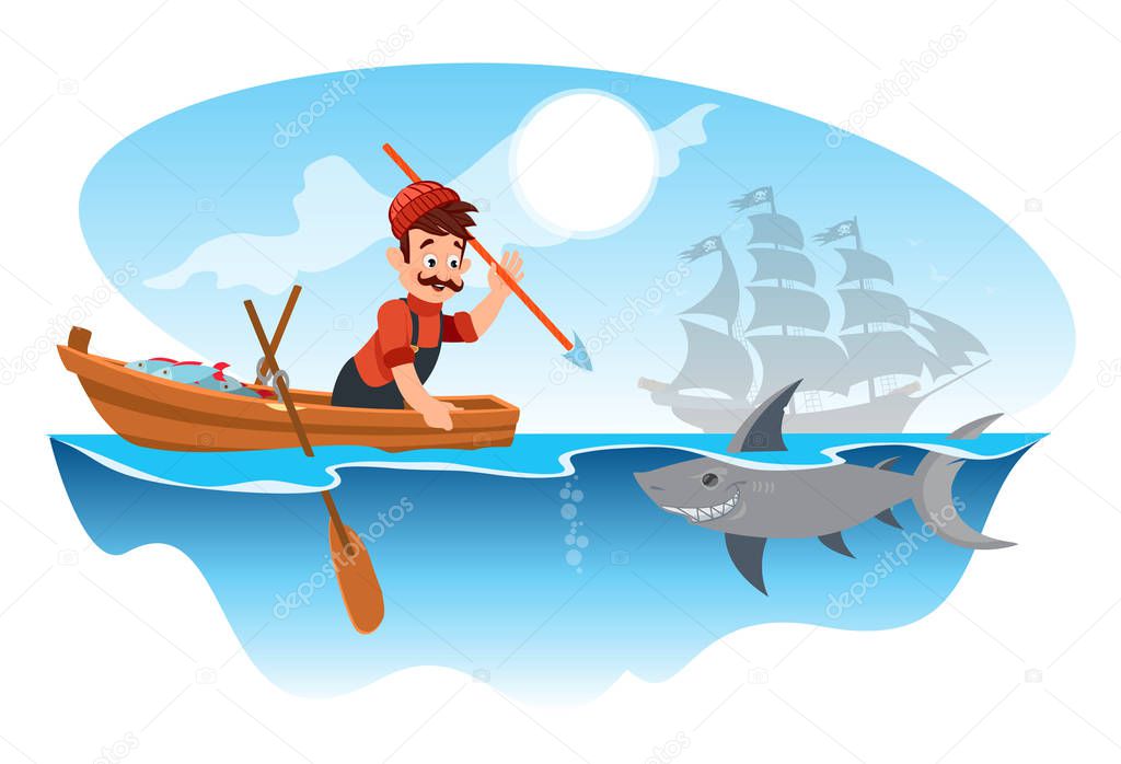 Fisherman hunts a shark with a spear. Vector illustration isolated on white background.