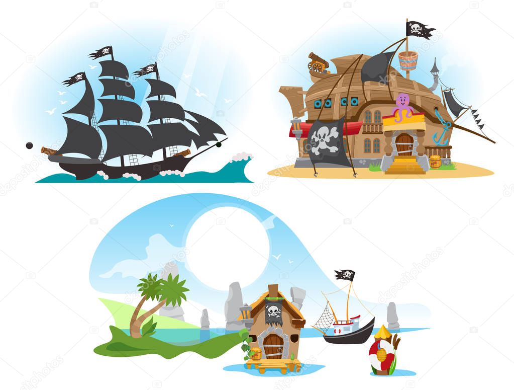 Pirate ship, tavern and pirate hut. Set of vector illustrations isolated on white background for pirate party, mobile games and much more.