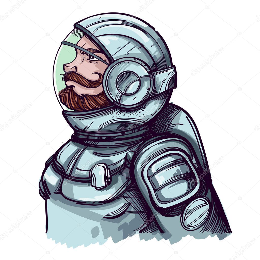 Bearded man in a fantastic astronaut costume.