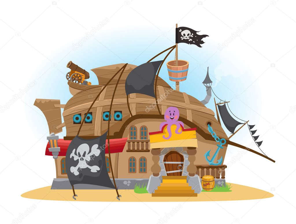 Pirate tavern. Vector illustration in cartoon style isolated on white background for mobile games and more.