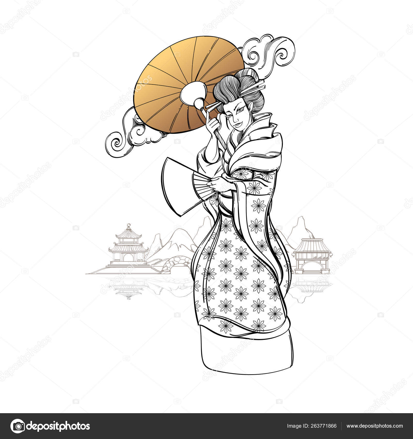 Fille Japonaise De Geisha Utilisant Le Kimono Traditionnel