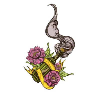 Molotov cocktail bottle with flowers and ribbon. Vector illustration for tattoos, printing on T-shirts and other items. clipart