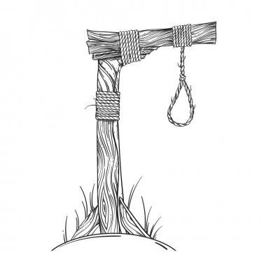 Black and white image of the gallows. The wooden pole on the supports is wrapped with a rope, a loop hangs over it. Vector drawing. clipart