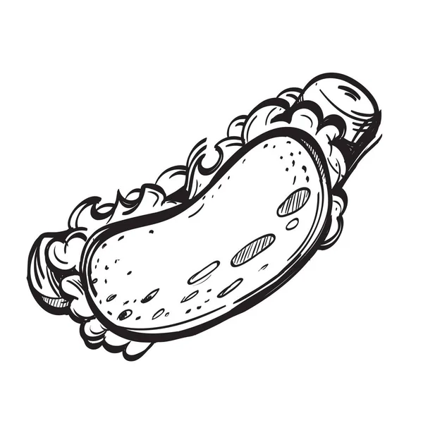 Salchicha de comida callejera de perritos calientes, hoja de lechuga en un bollo. Dibujo en blanco y negro vectorial . — Archivo Imágenes Vectoriales