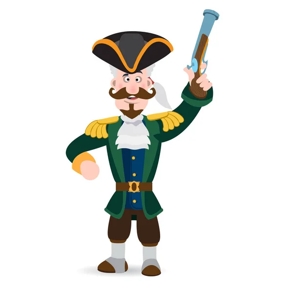 Um homem de fato de pirata com uma arma na mão. Ilustração vetorial isolada em fundo branco para festa de piratas, jogos e muito mais . — Vetor de Stock