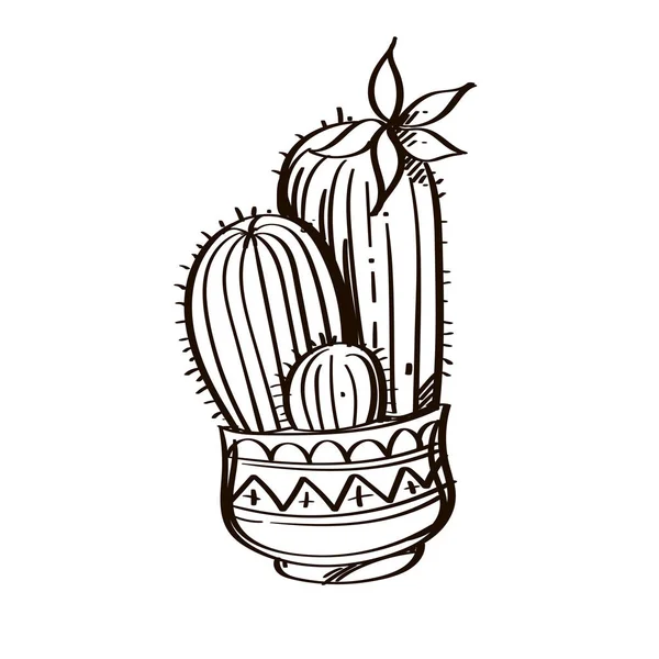 Bloeiende cactus in een pot met abstracte patronen, lijnen en kruisen. Vector zwart-wit tekening. — Stockvector