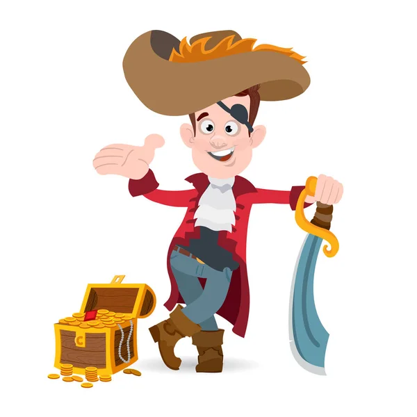 Un hombre disfrazado de pirata con un sable y un cofre del tesoro. Ilustración vectorial aislada sobre fondo blanco para fiesta pirata, juegos y mucho más . — Vector de stock