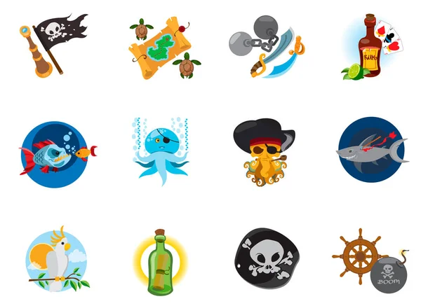 Conjunto de iconos piratas. Ilustraciones vectoriales aisladas sobre fondo blanco para fiesta pirata, juegos móviles y mucho más . — Archivo Imágenes Vectoriales