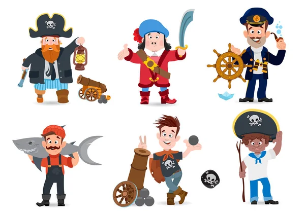 Conjunto de personajes piratas. Ilustración vectorial aislada sobre fondo blanco para fiesta pirata, juegos y mucho más . — Archivo Imágenes Vectoriales