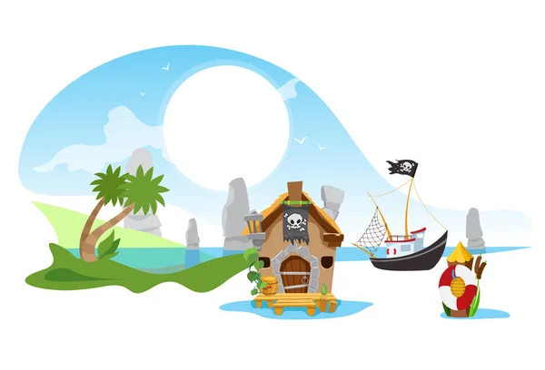 Cabaña de piratas en la costa. Ilustración vectorial en estilo de dibujos animados aislado sobre fondo blanco para juegos móviles y más . — Vector de stock