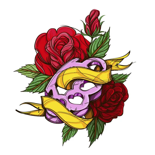 Brass knuckles, ruban et roses. Illustration vectorielle pour tatouages, impression sur T-shirts et autres articles . — Image vectorielle