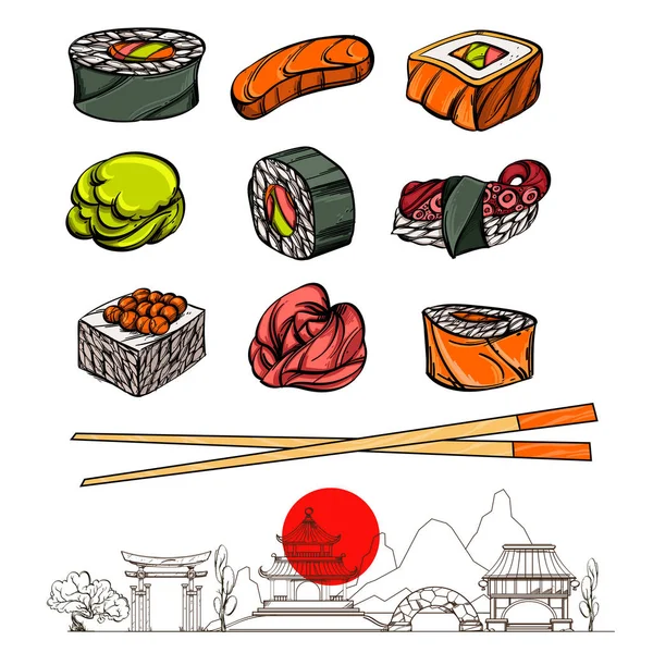 Vetor de comida japonês Conjunto de ilustrações . — Vetor de Stock