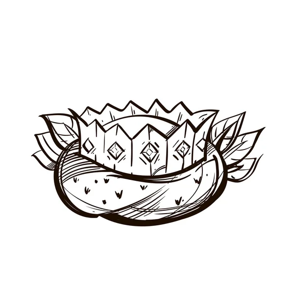 Logo o corona de impresión en una almohada suave, alrededor de las hojas. Dibujo en blanco y negro vectorial . — Vector de stock