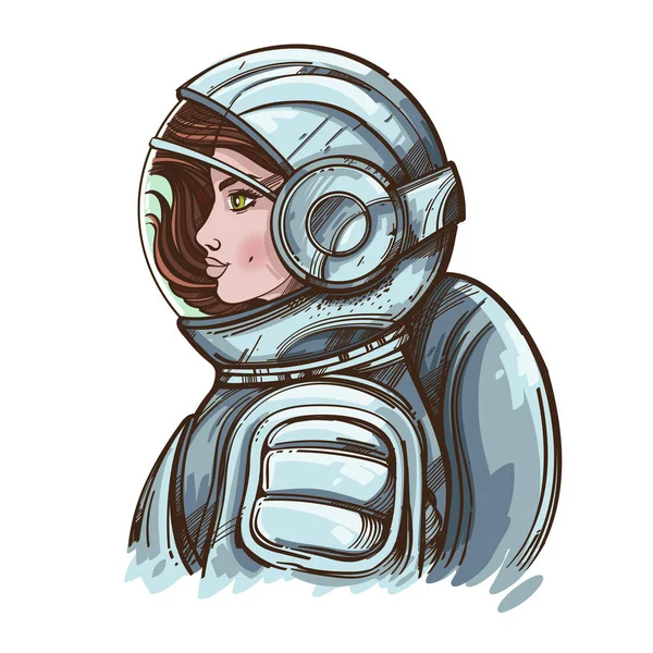 Uma rapariga num traje espacial. Uma mulher astronauta. Ilustração vetorial isolada em fundo branco para cartazes, estampada em camisetas e outros itens . —  Vetores de Stock