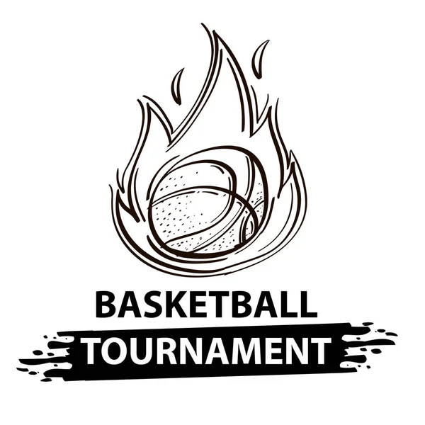 Grafisches Logo eines Basketballs in einer Feuerflamme mit einer Signatur. Schwarz-weiße Vektorzeichnung. — Stockvektor