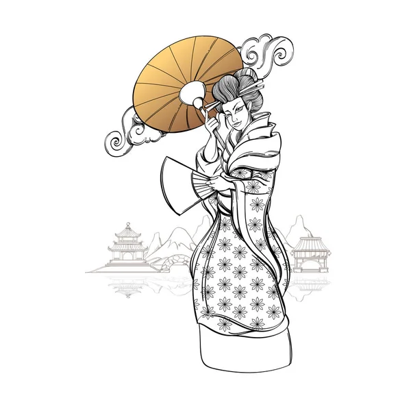 Japonês menina gueixa vestindo quimono tradicional . — Vetor de Stock