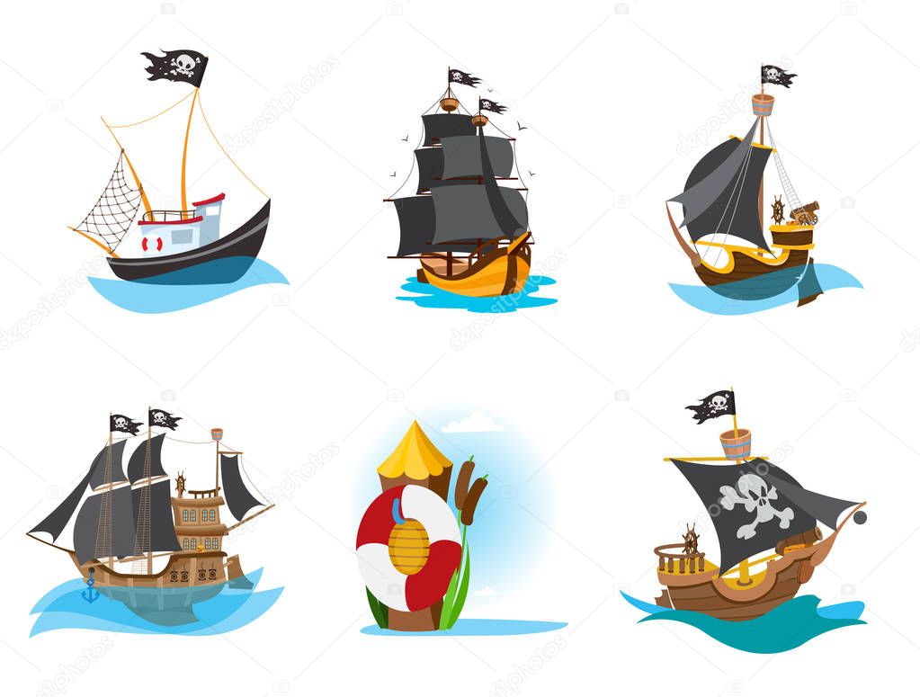 Set of pirate ships and lifebuoy. Vector illustrations isolated on white background for pirate party, mobile games and much more.