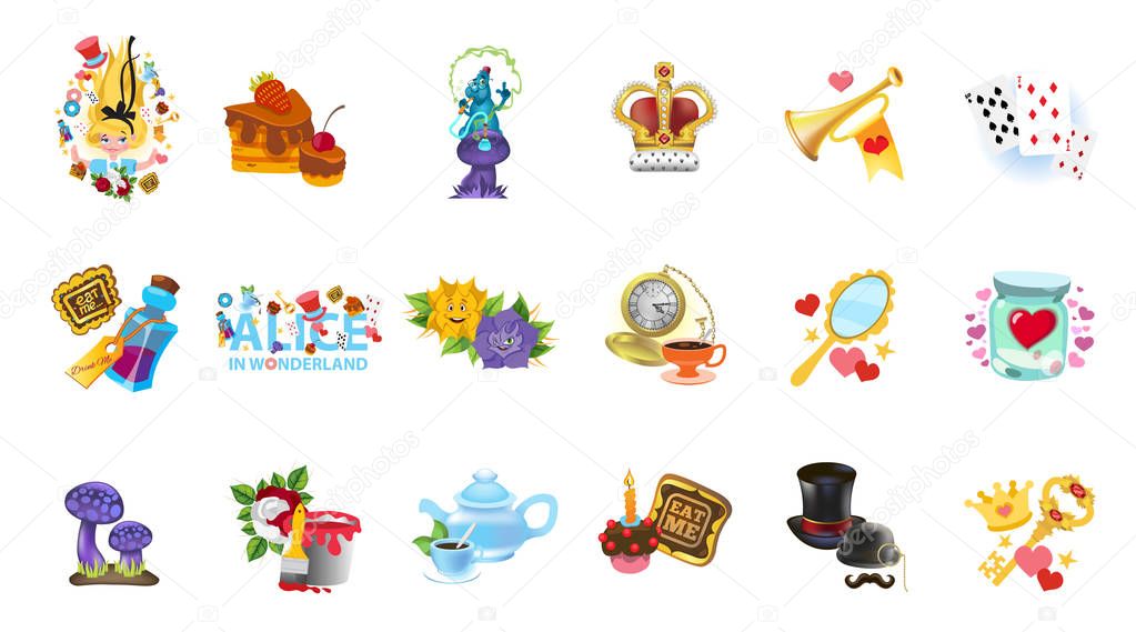 Icons with magic items from the collection of Alice characters in Wonderland.