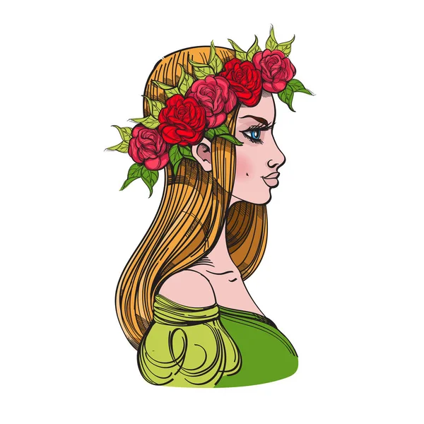 La fille avec une couronne florale sur la tête. Collection de contes de fées — Image vectorielle