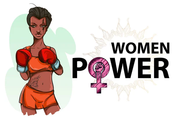 Kvinna i boxningshandskar. En kvinnas makt. — Stock vektor