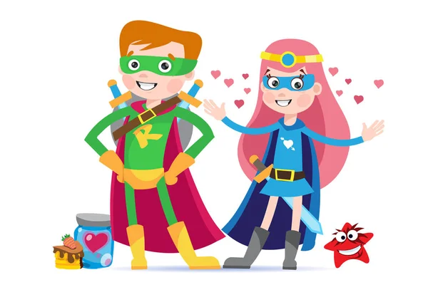 スーパーヒーローのカップル少年と女の子。チャラルのコレクション — ストックベクタ