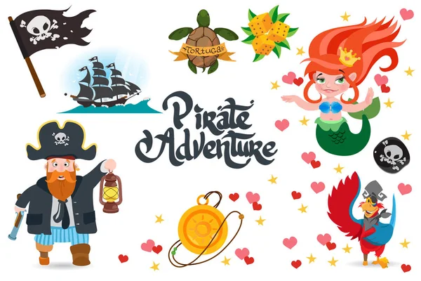 Personagens e atributos piratas. Coleção de aventura pirata . — Vetor de Stock