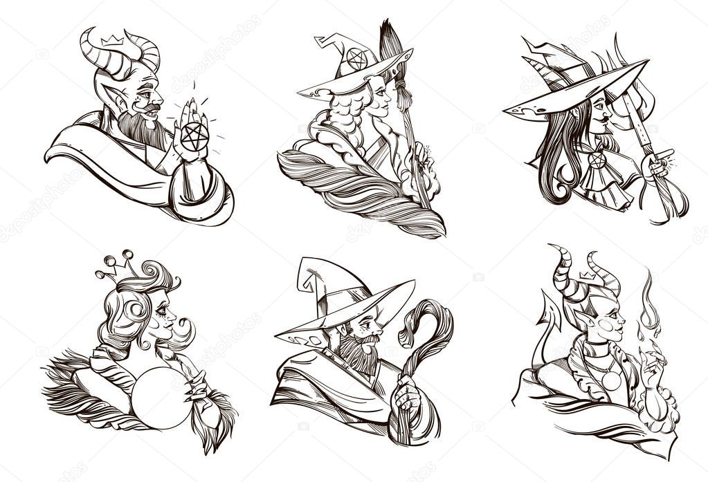 Halloween set with fairy tale characters. Cartoon style. Vector.