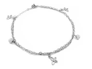 Ayak bileği bilezik kolye ile. Paslanmaz çelik. Bir arka plan rengi