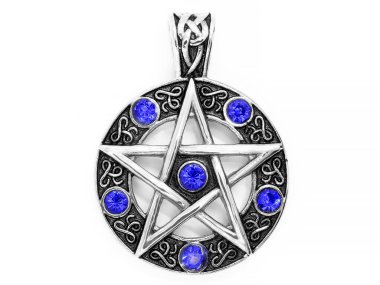 Takı, kolye. Sihirli pentagram. Paslanmaz çelik. Bir arka plan rengi.