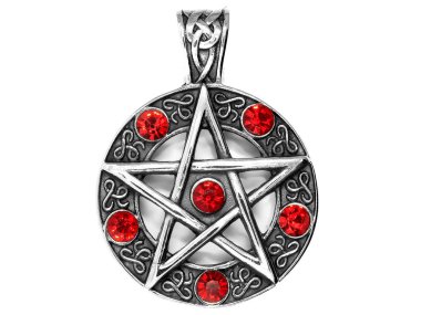 Takı, kolye. Sihirli pentagram. Paslanmaz çelik. Bir arka plan rengi.