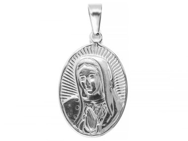 Mücevher. Kolye Madonna. Dini sembol. Paslanmaz çelik. Bir arka plan rengi