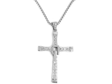 Çapraz çelik kolye. Paslanmaz çelik takı. Bir arka plan colo