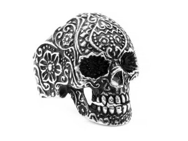 Erkek Takı Yüzük. Kafatası paslanmaz çelik. Bir arka plan rengi