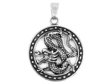 Ejderha Kolye Takı. Paslanmaz çelik. Beyaz arka plan rengi