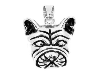 Takı kolye köpek. Paslanmaz çelik. Bir arka plan rengi