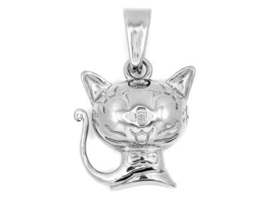 Takı, kolye kedi. Paslanmaz çelik. Bir arka plan rengi