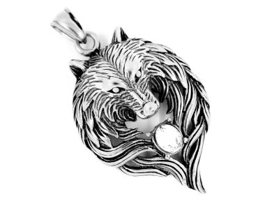 Takı kolye kolye. Kurt kafası. Paslanmaz çelik. Bir arka plan rengi