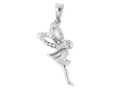 Takı, kolye peri. Paslanmaz çelik ve zircons. Beyaz arka plan rengi