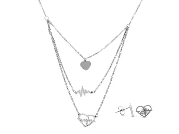 Juweel set. Ketting en oorbellen. Roestvrijstaal en Cubic Zirconia. — Stockfoto