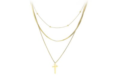 Jewel cross on neck. Stainless steel.