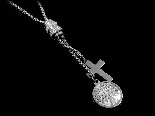 Jewel cross on neck. Stainless steel. — Stock Fotó