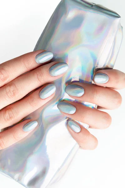 Young Adult Woman Hands Holographic Fashionable Nails White Background Summer — Stock Photo, Image