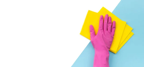 Woman Hand Pink Rubber Glove Wipe Rag Blue Background Cleaning — Stock Photo, Image