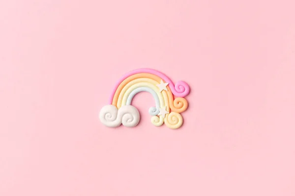 Rainbow Pastel Kleur Boog Licht Roze Achtergrond Flat Lay Bovenaanzicht — Stockfoto