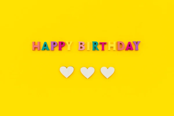 Happy Birthday Text Wooden Colorful Letters Hearts Birthday Greeting Card — Stock Photo, Image